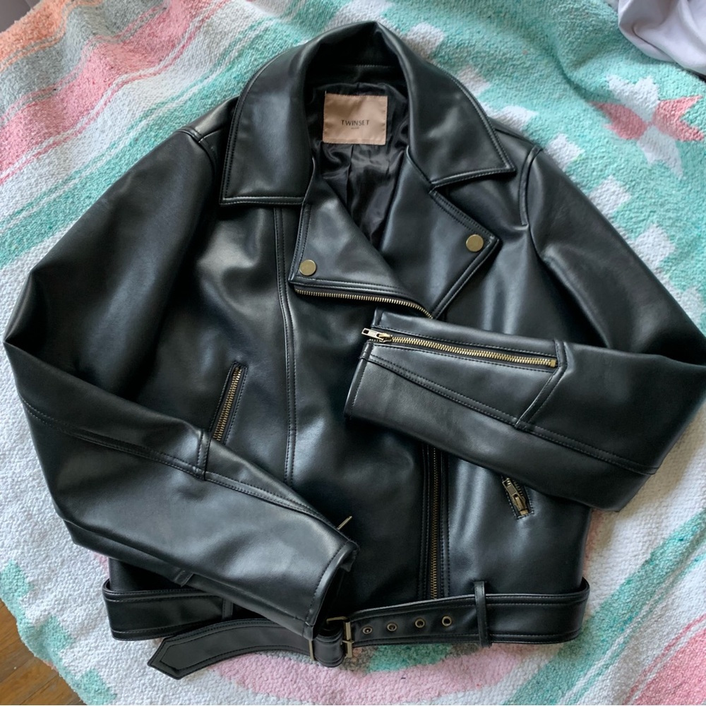 LAST CHANCE Twin-Set Black Vegan Leather Moto Jacket